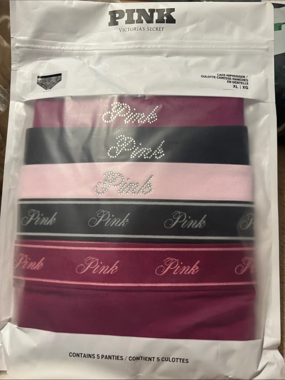 PINK Victoria's Secret 5-Pack Logo Panties in Magenta, Black & Light Pink